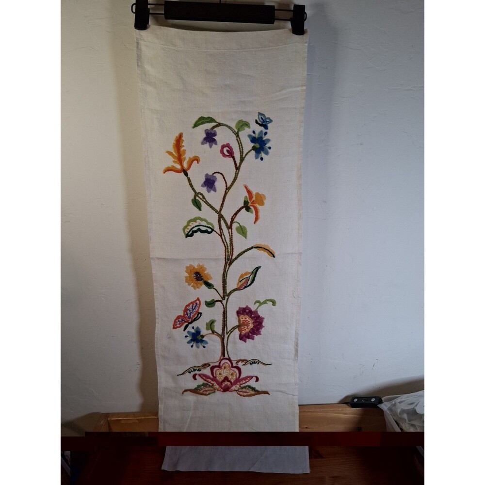 VTG Crewel Embroidery Tree of Life Wall Art Floral Bird Folk Art 34x11" Read